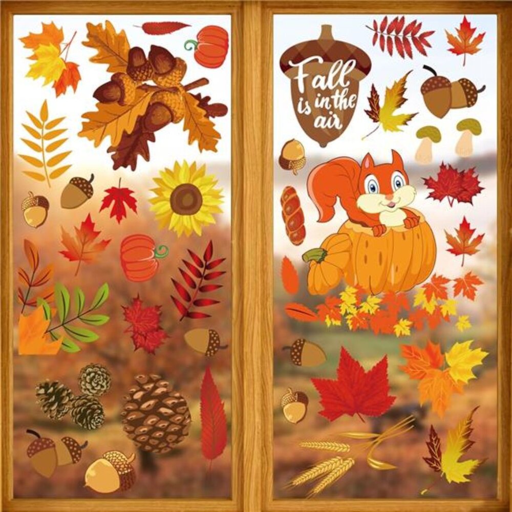 Fall Window Stickers, Thanksgiving Autumn Home Office Decor for Indoor Outdoor